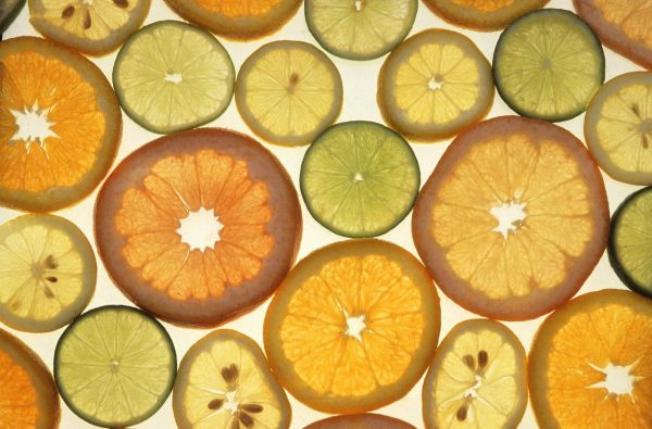 Fette traslucide di agrumi come arance, limoni, lime e pompelmi, che evidenziano il limonene, terpene dagli effetti terapeutici e antitumorali.