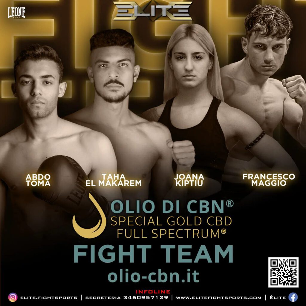 La foto mostra il flyer di un evento di kickboxing sponsorizzato dall’olio di CBN® Special Gold CBD Full Spectrum®, con protagonisti gli atleti del fight team: Abdo Toma, Taha El Makarem, Joana Kiptiu e Francesco Maggio.