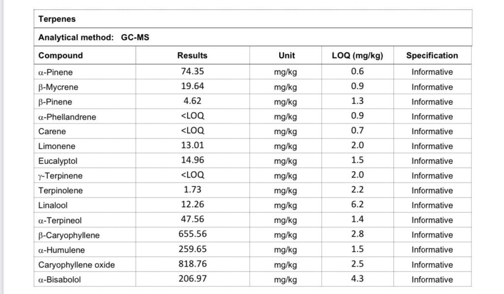 Refertazione analitica dei terpeni presenti nell'olio CBN® Special Gold CBD Full Spectrum®, evidenziando la composizione e le proprietà dei terpeni naturali.